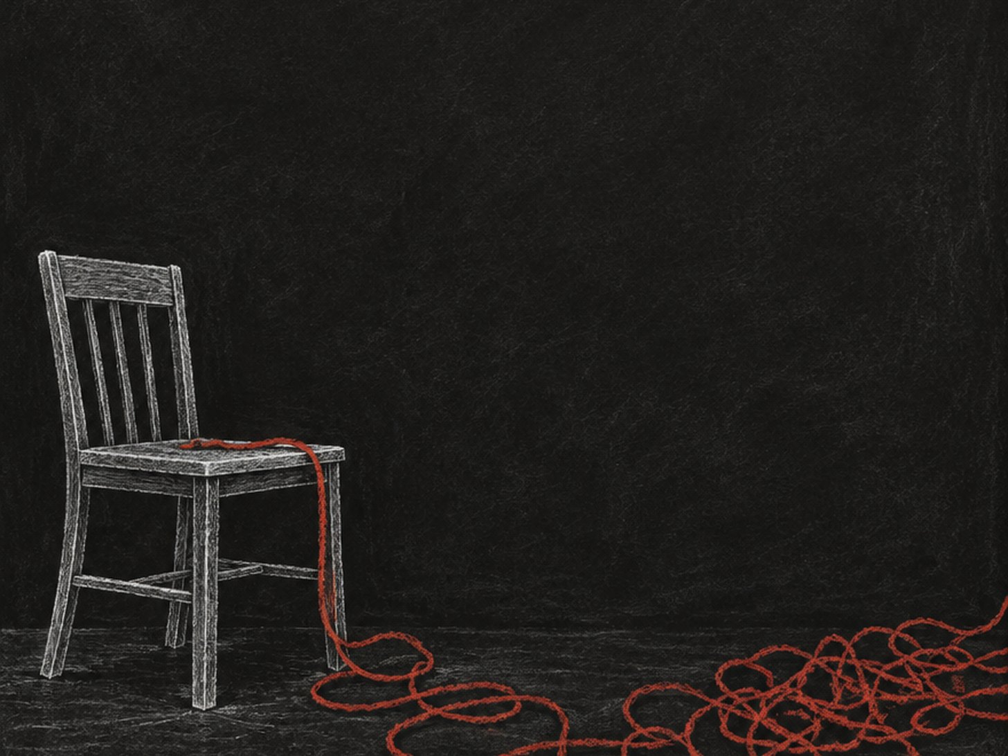 Chalk drawing: an empty chair, one long red line spilling off the seat and tangling across the floor.