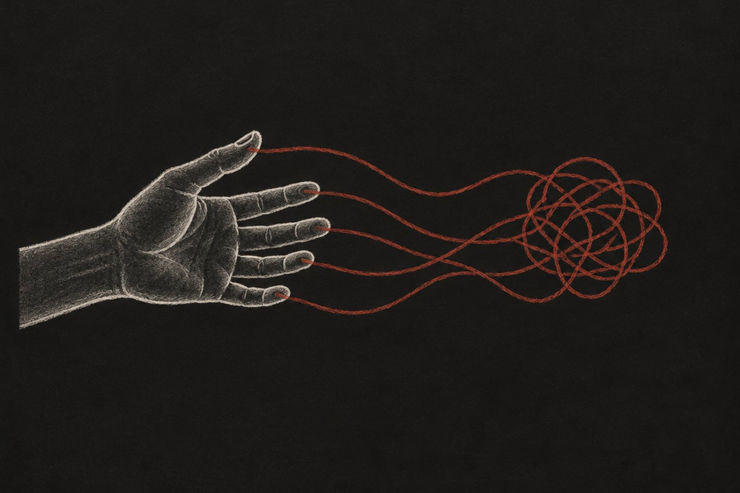 Chalk drawing: an open hand with tangled red lines unspooling from the fingertips.