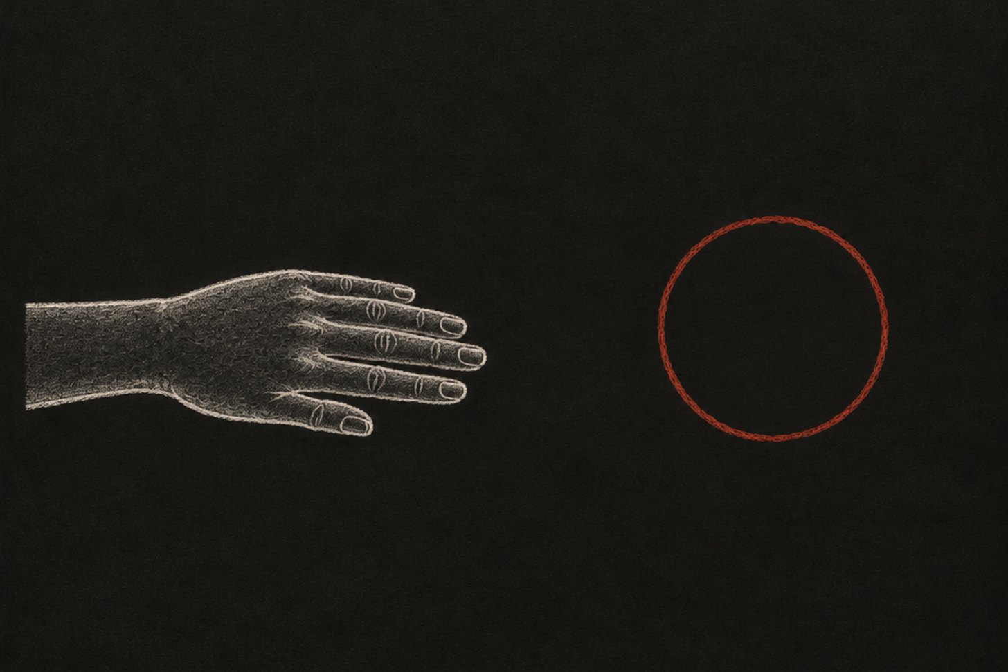 Chalk drawing: the same hand resting still beside one slow red circle.