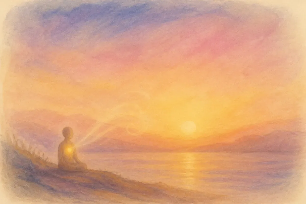 Chalk drawing of a small figure sitting calmly alone at dawn, breathing, with a soft gold glow at the chest