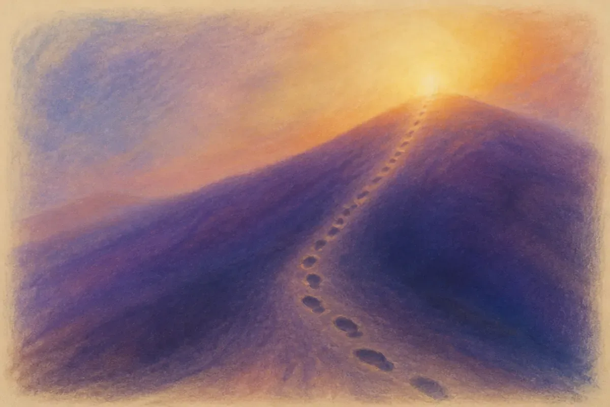 Chalk drawing of a single line of footprints climbing an indigo slope toward a rising gold sun