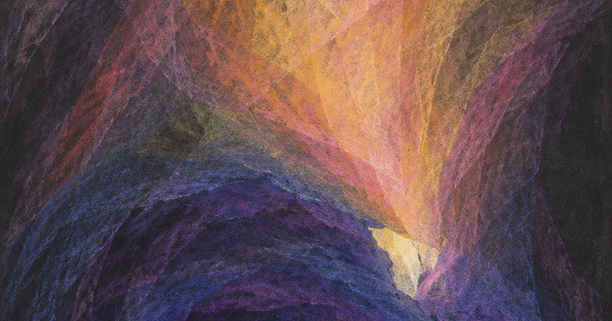 Chalk drawing of gold light breaking through a dark indigo hollow
