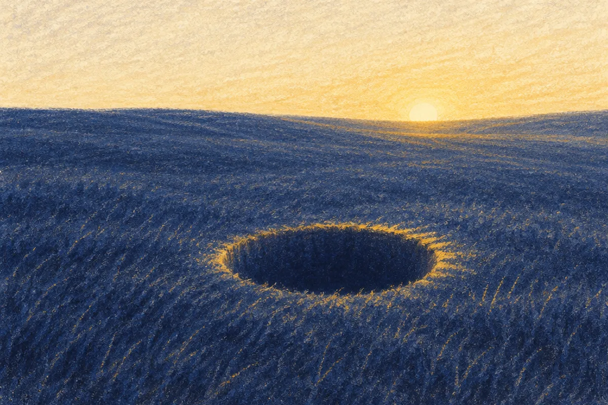Chalk drawing of a dark indigo hole in the ground, lit at its rim by warm gold light so it can finally be seen
